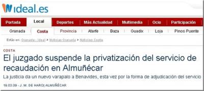 El juzgado suspende la privatización del servicio de recaudación en Almuñécar