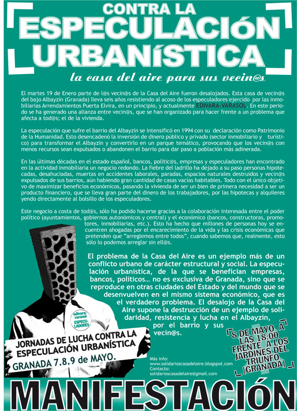 Manifestación y Jornadas de Lucha contra la especulación urbanística en Granada el 7, 8 y 9 de mayo