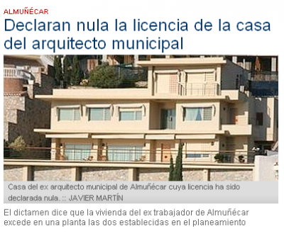 El pleno del Ayuntamiento de Almuñécar acuerda la nulidad de las licencias de obras y ocupación de la casa del ex arquitecto municipal, una vez conocido el dictamen del Consejo Consultivo