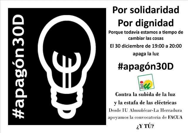 IU de Almuñécar se suma al apagón del 30 de diciembre, a las 19 horas, contra las subidas de la luz
